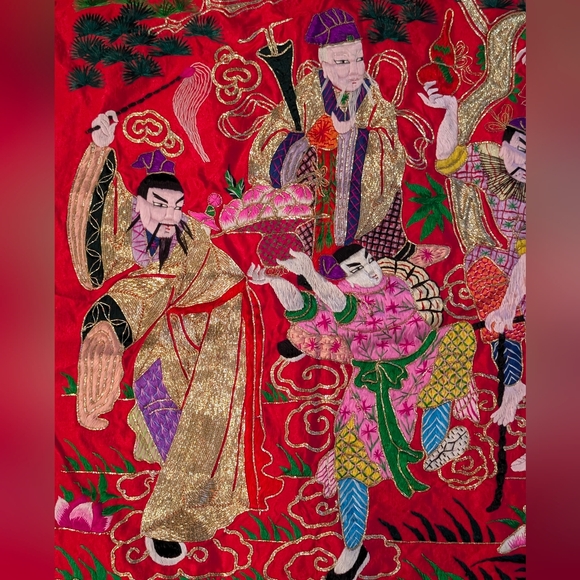 VTG Chinese Silk Altar Banner Eight Immortals Gold Silver Threads Red Pink Green - Picture 2 of 14